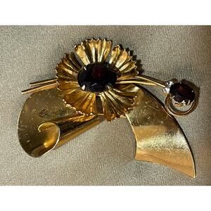 Vintage CORO Brooch Pin Gold Tone Red Glass Rhinestone Flower Floral Costume